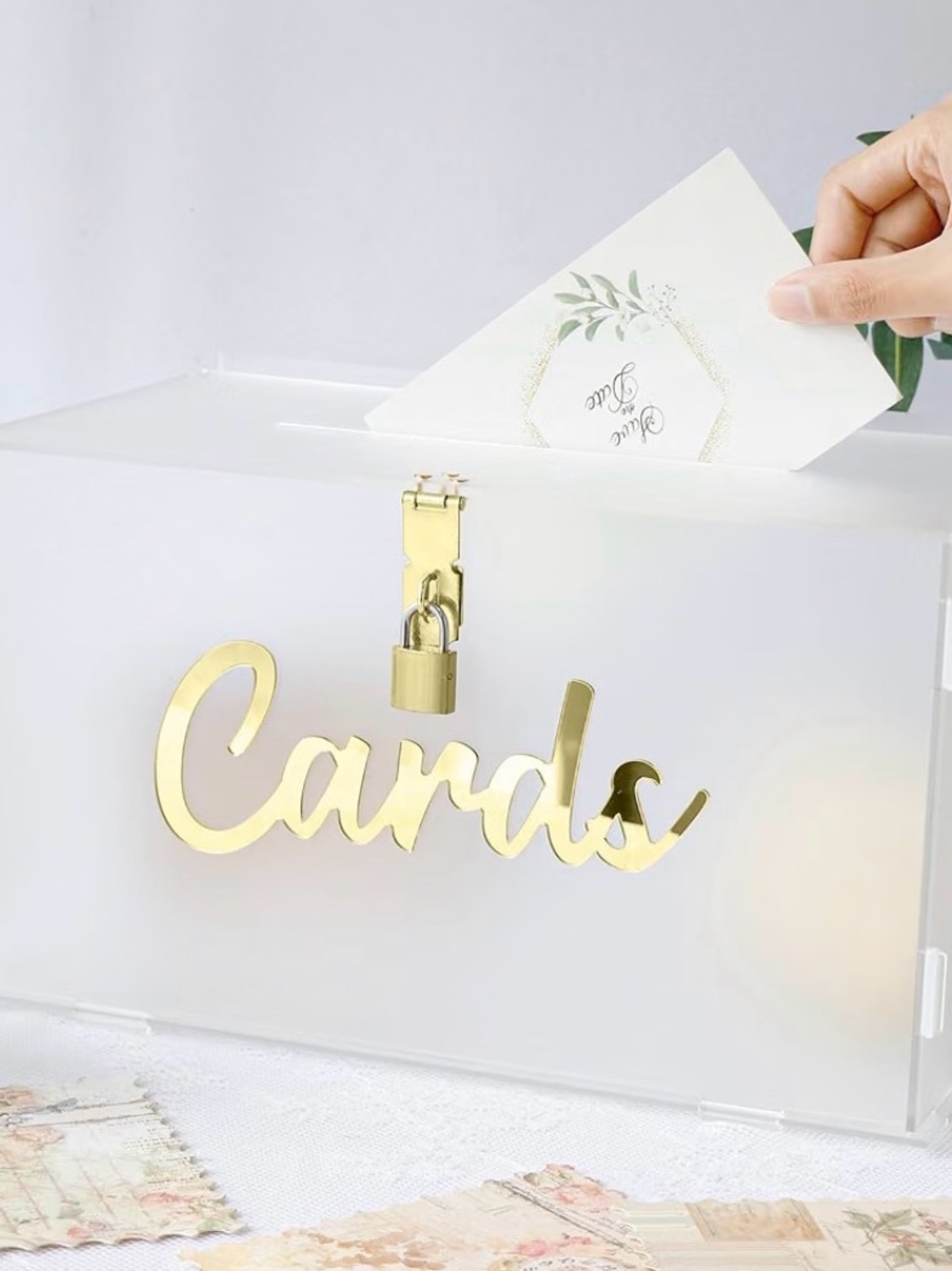 Acrylic Wedding Card Box with Gold 'Cards' Script (BRAND NEW NEVER USED)